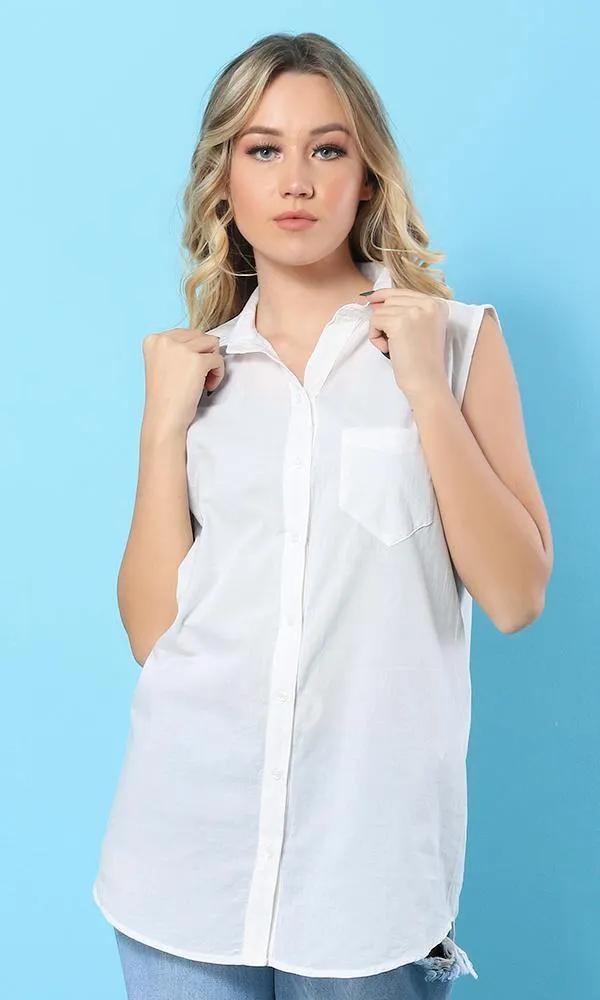 12454 Sleeveless Front Pocket Basic White Shirt