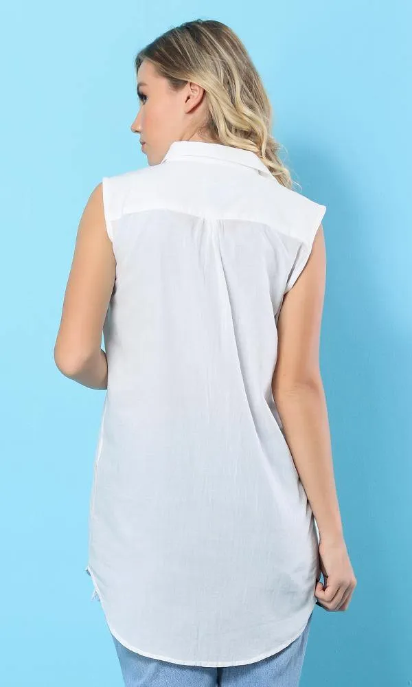 12454 Sleeveless Front Pocket Basic White Shirt