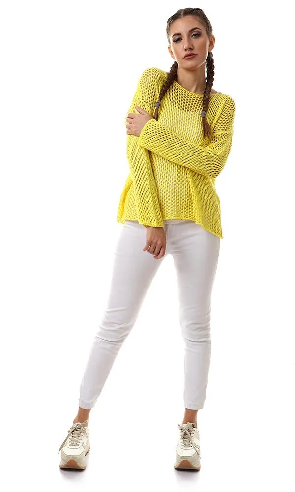 56655 Yellow Perforated Knit Long Sleeves Sweater