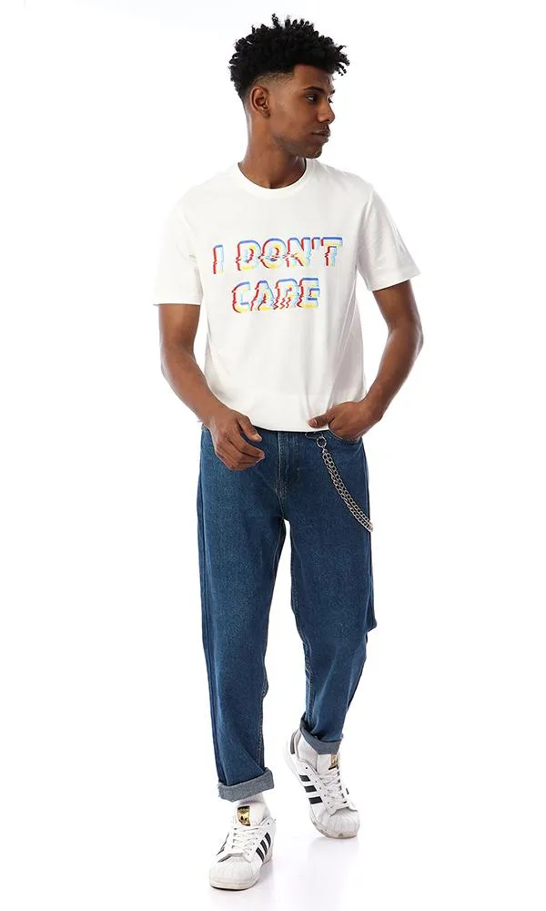 57535 "I Don'T Care" Printed Round Neck T-Shirt - Off White