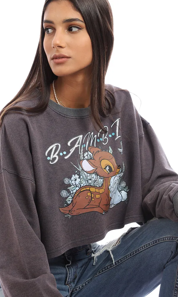 95022 Cute Printed Bambi Dark Purple Cropped Sweatshirt