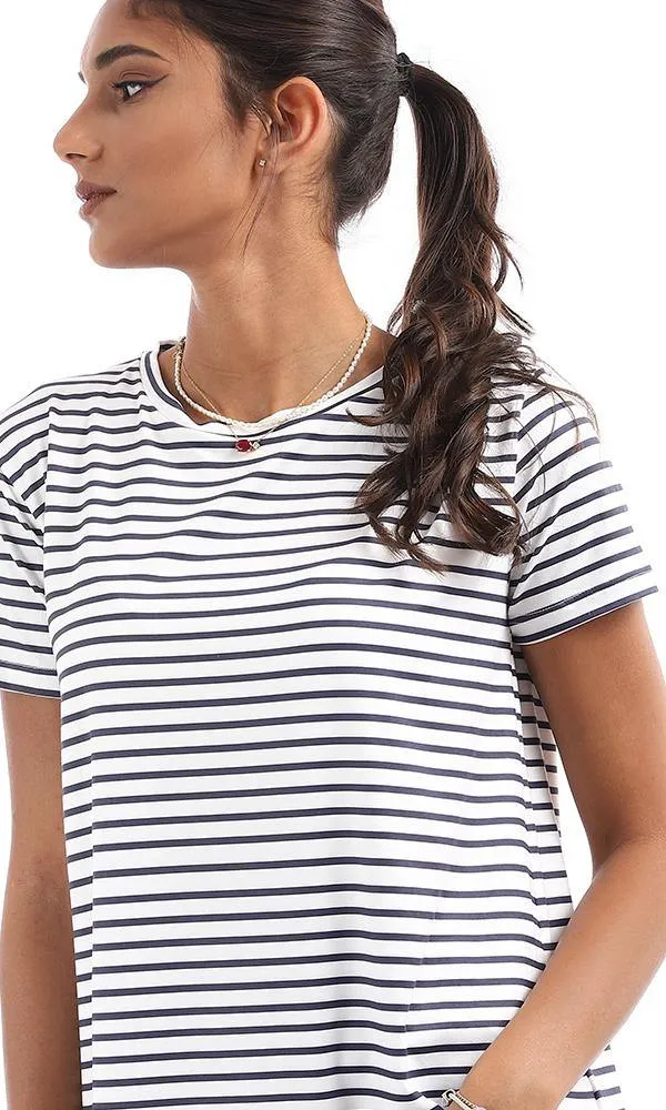 95038 Striped High Low White & Navy Blue Top