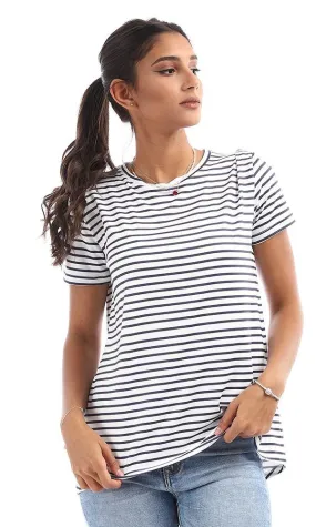 95038 Striped High Low White & Navy Blue Top