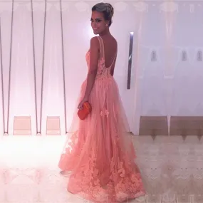 A Line Backless Long Pink Tulle Evening Dress Lace Appliques