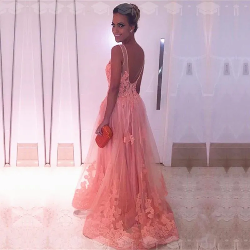 A Line Backless Long Pink Tulle Evening Dress Lace Appliques