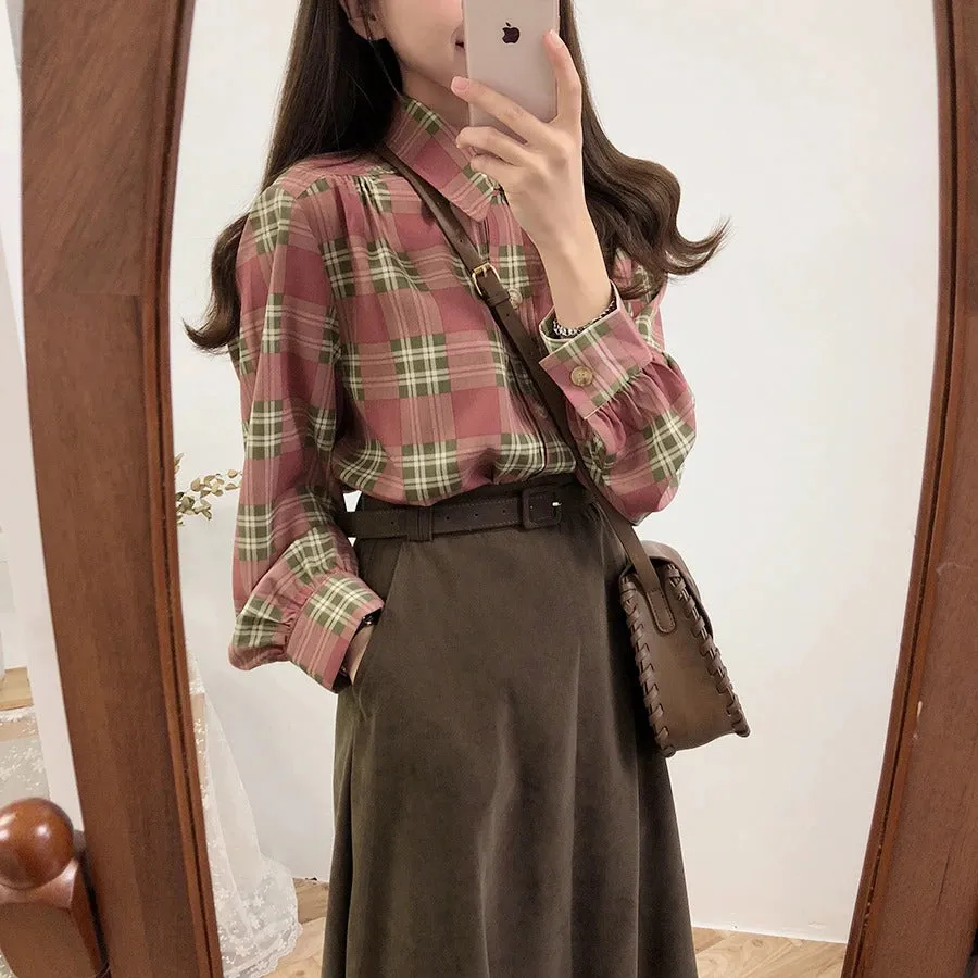 A Line solid Pleated Knee Length Suede Skirt   Vintage Plaid Long Sleeve