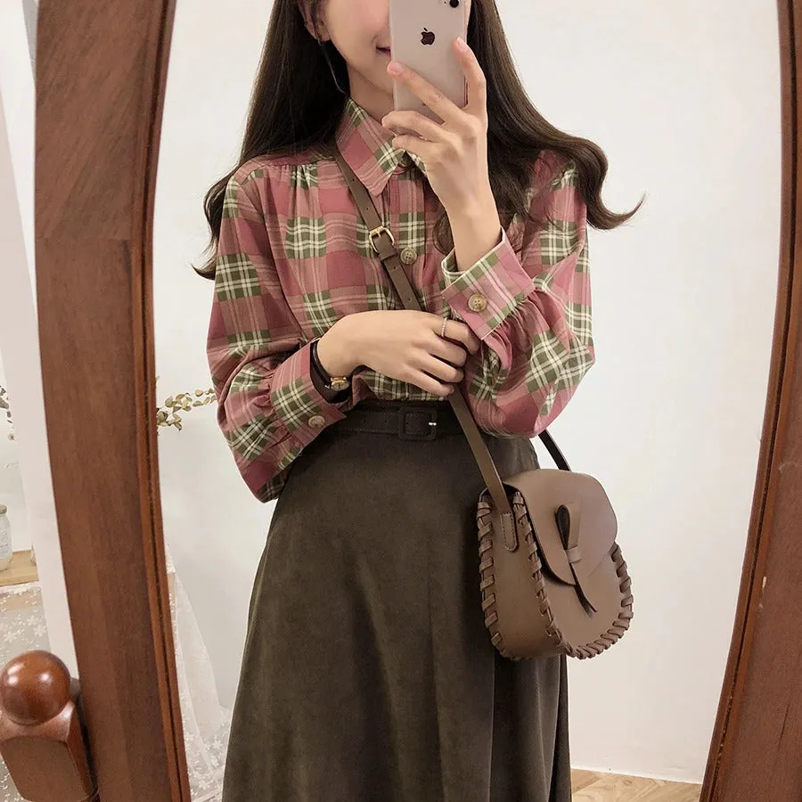 A Line solid Pleated Knee Length Suede Skirt   Vintage Plaid Long Sleeve