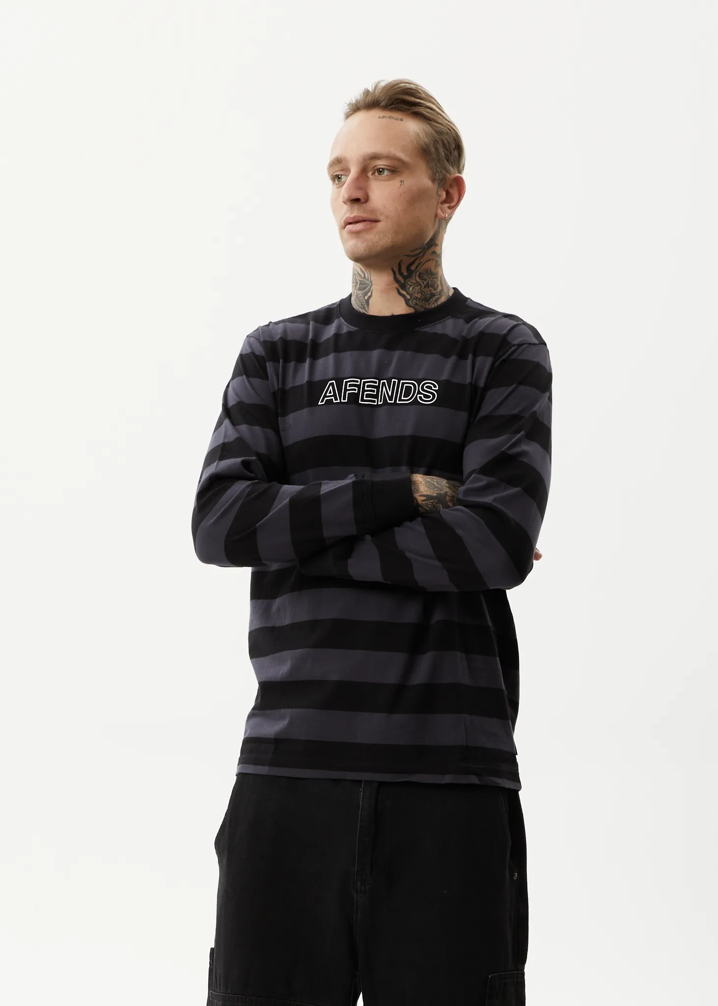 AFENDS Mens Sideline - Long Sleeve Striped T-Shirt - Black