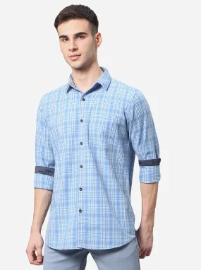 Air Blue Checked Slim Fit Semi Casual Shirt | JadeBlue