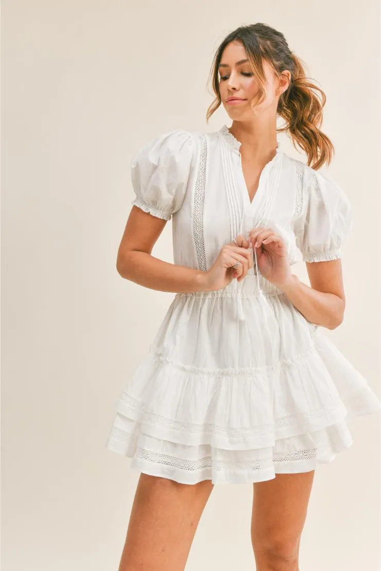 Allie Lace Detail Ruffle Tiered Mini Dress - White