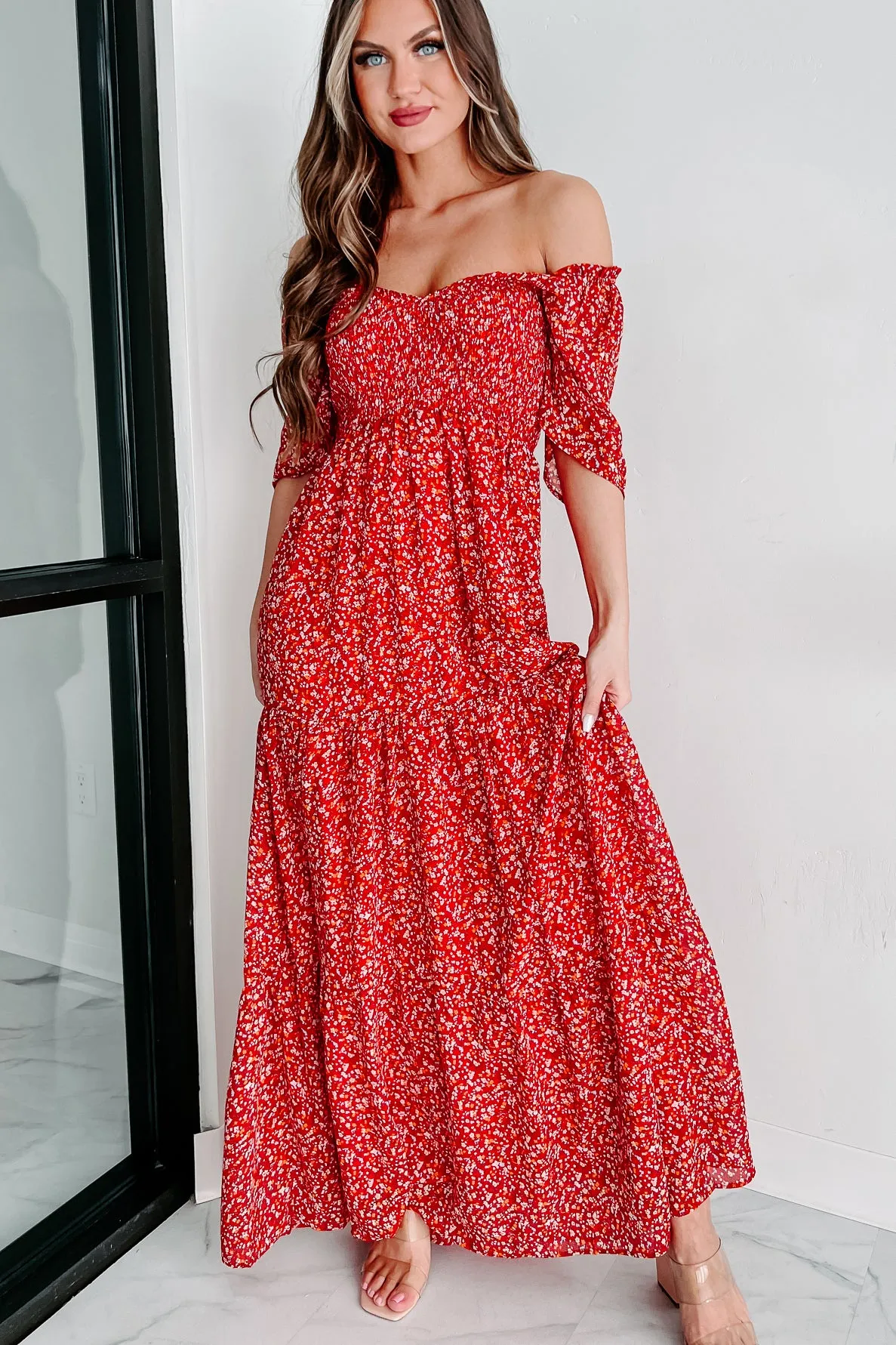 Always Sweet Floral Smocked Maxi Dress (Red)