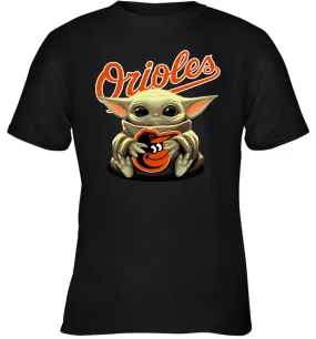 Baby Yoda Hugs Loves The Baltimore Orioles Baseball Youth T-Shirt