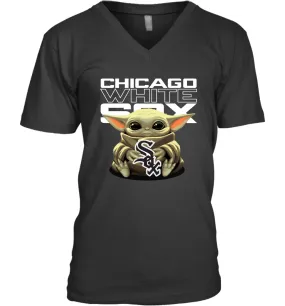 Baby Yoda Hugs Loves The Chicago White Sox Baseball Mens V-Neck T-Shirt