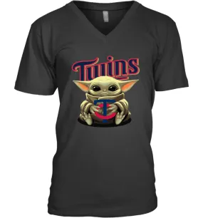 Baby Yoda Hugs Loves The Minnesota Twins Baseball Mens V-Neck T-Shirt