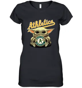 Baby Yoda Hugs Loves The Oakland Athletics Baseball Womens V-Neck T-Shirt