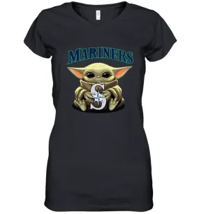 Baby Yoda Hugs Loves The Seattle Mariners Baseball Womens V-Neck T-Shirt