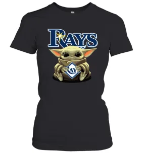 Baby Yoda Hugs Loves The Tampa Bay Rays Baseball Womens T-Shirt