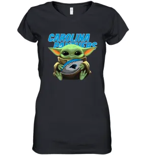 Baby Yoda Loves The Carolina Panthers Star Wars Baby Yoda Hugs Panthers NFL Womens V-Neck T-Shirt