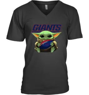 Baby Yoda Loves The New York Giants Star Wars Baby Yoda Hugs Giants NFL Mens V-Neck T-Shirt