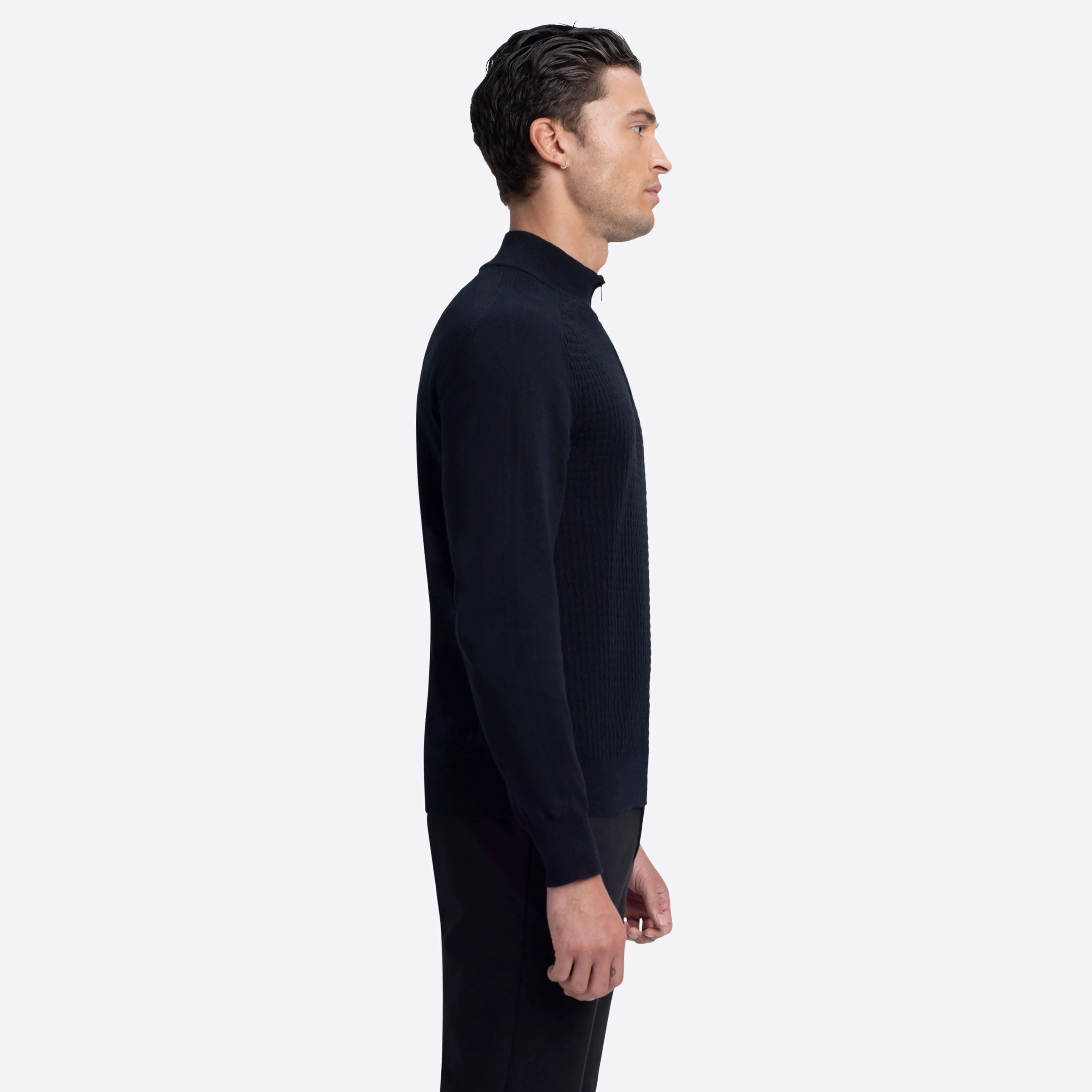 Basketweave Quarter Zip Mock Neck Sweater