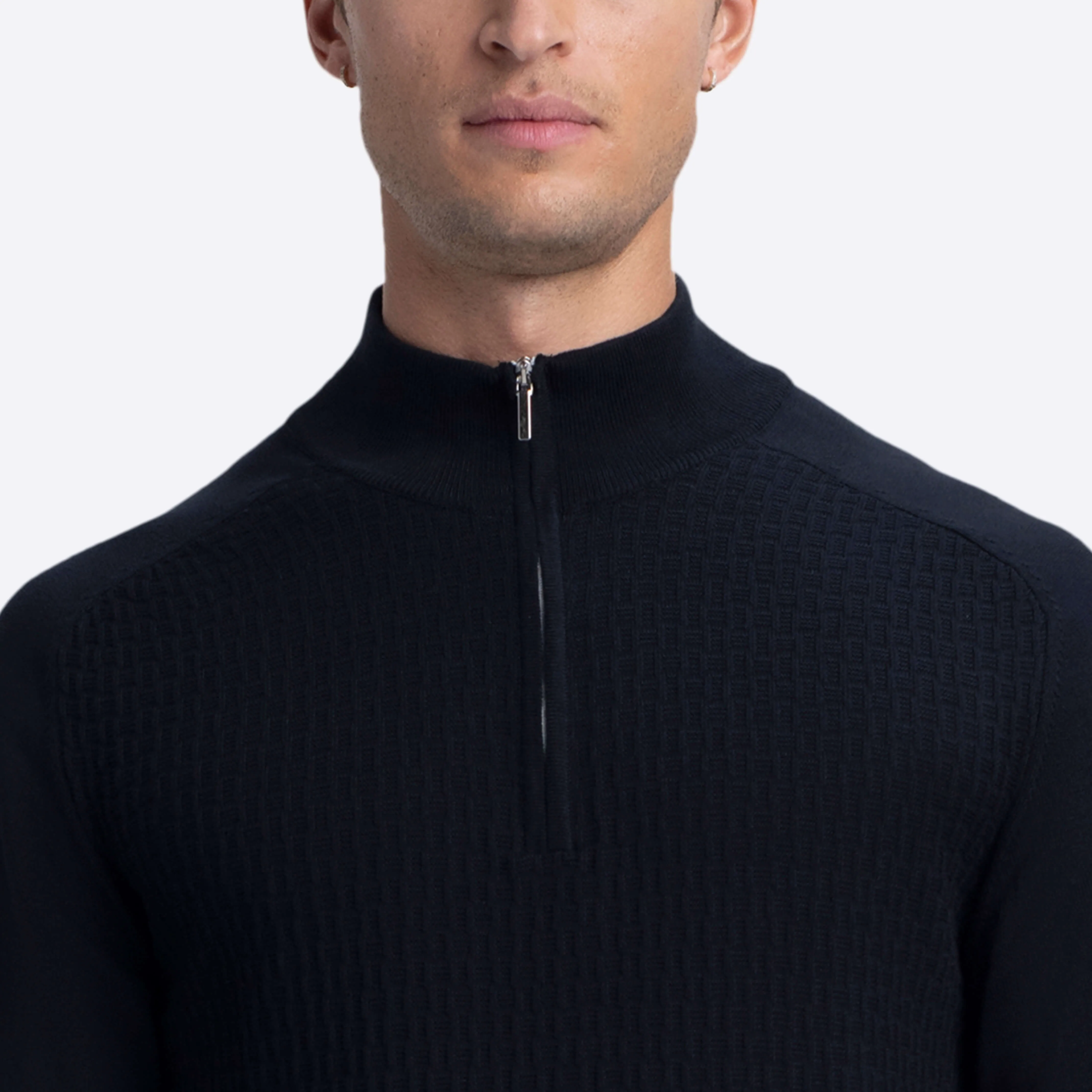 Basketweave Quarter Zip Mock Neck Sweater