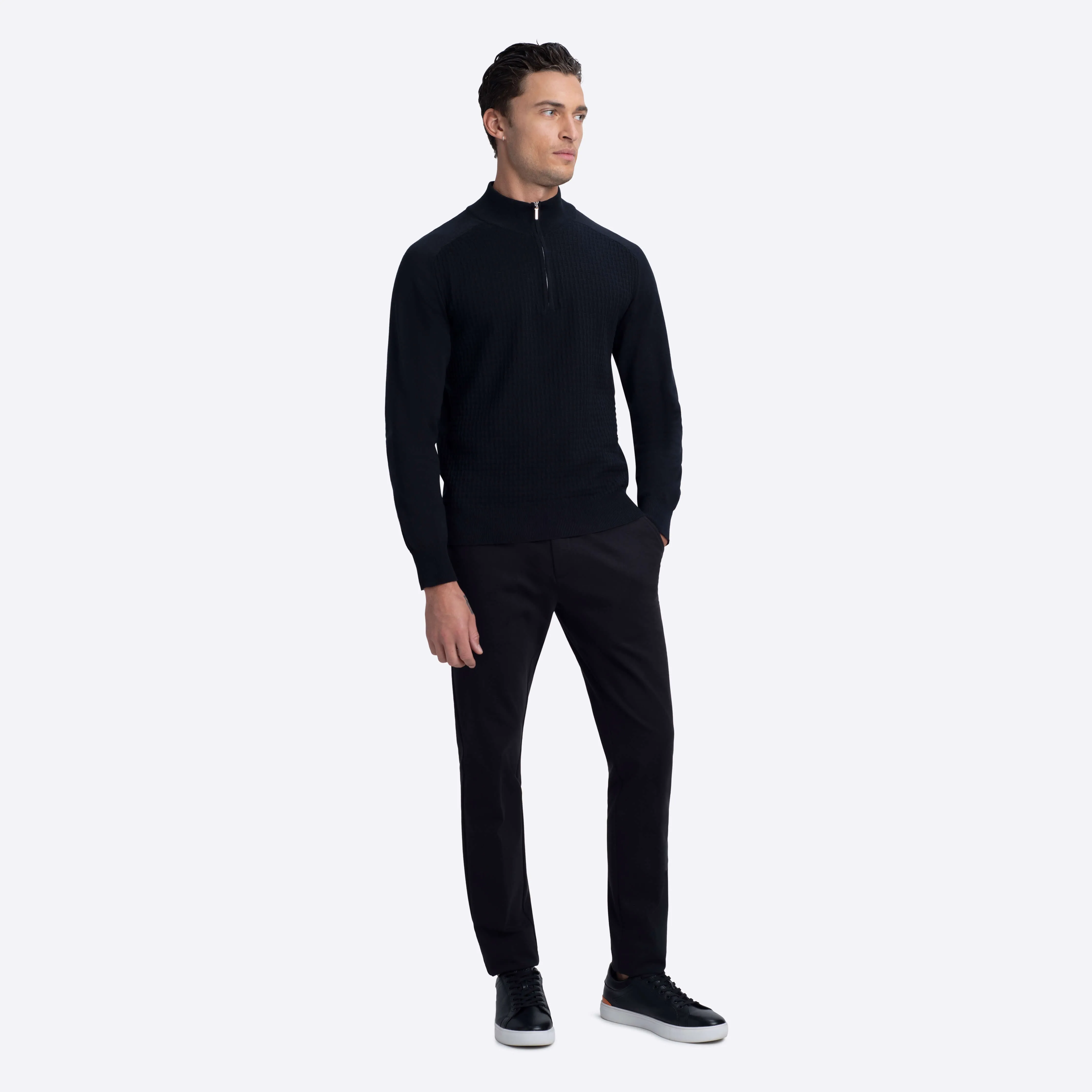 Basketweave Quarter Zip Mock Neck Sweater