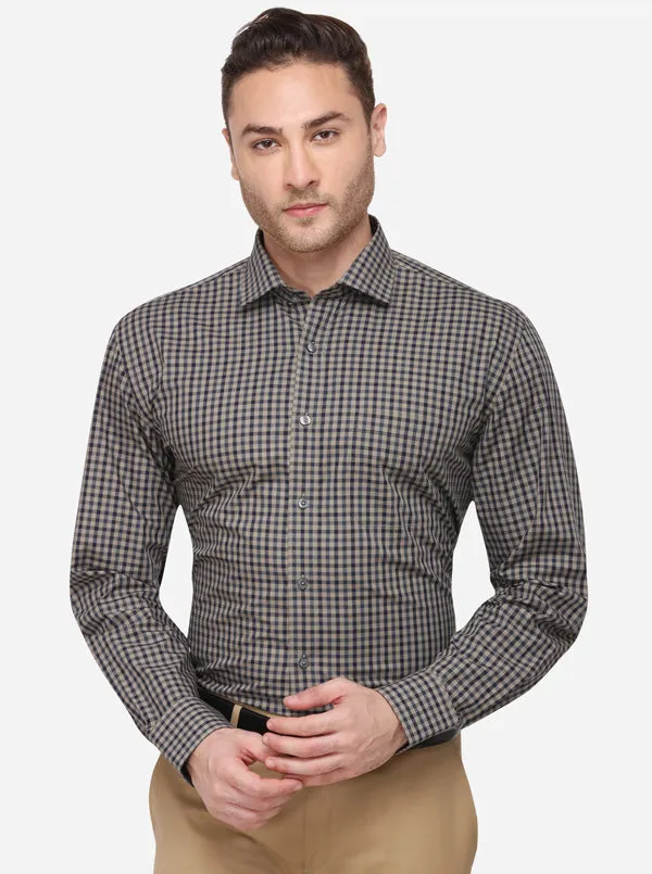 Beige & Green Checked Regular Fit Formal Shirt | JadeBlue