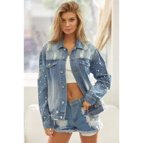 BiBi Pearl Detail Distressed Button Up Denim Jacket