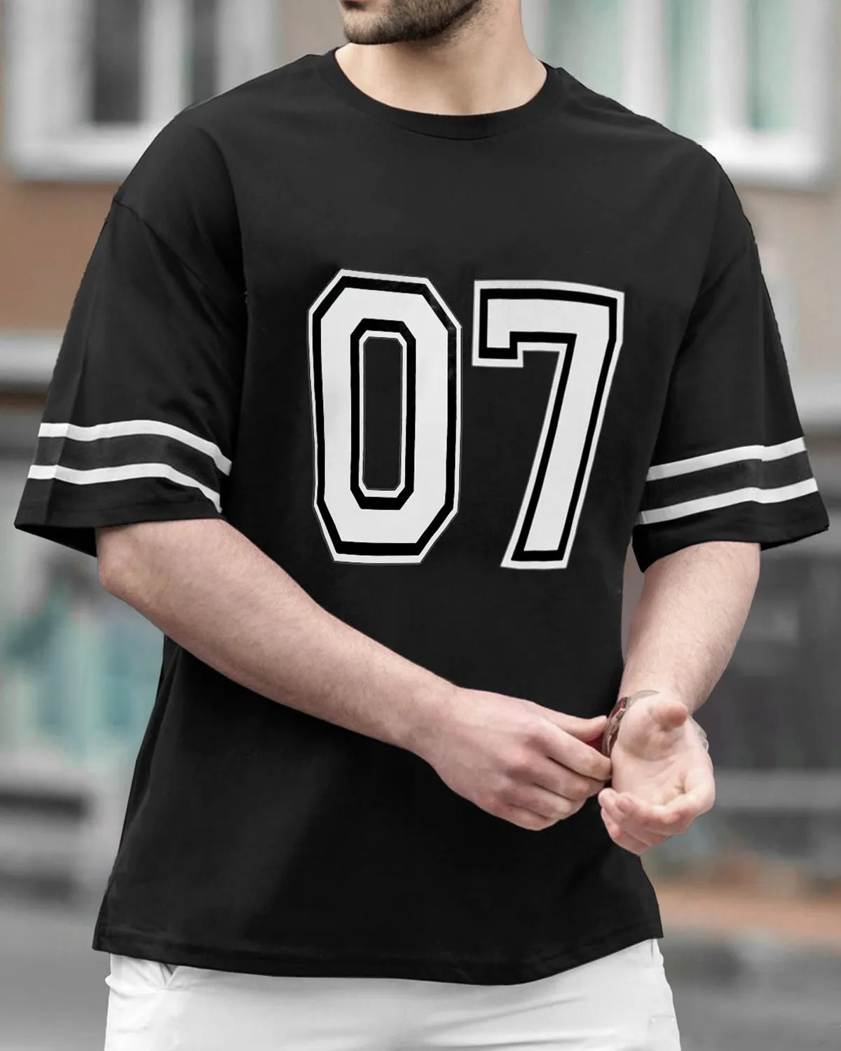 Black 07 Number Printed striped Oversized T-Shirt