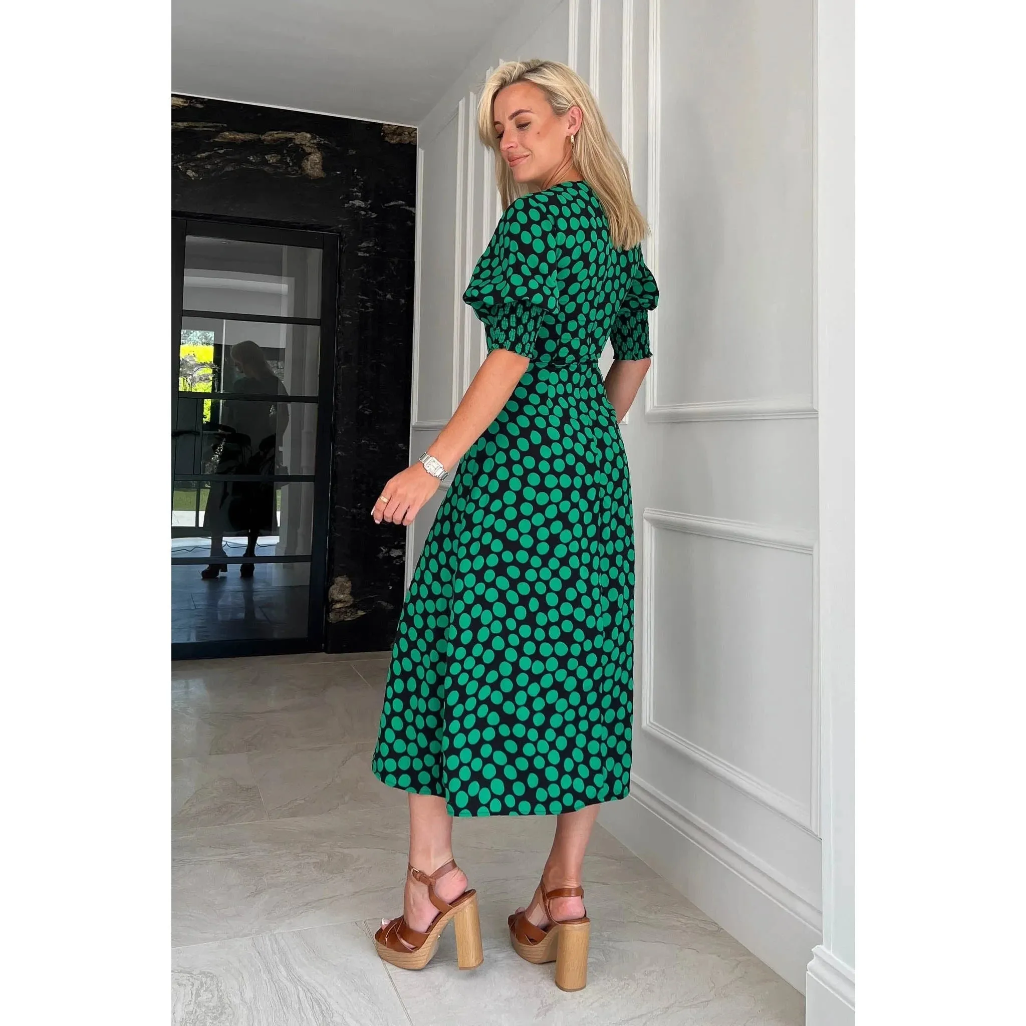 Black & Large Green Polka Dot Midi Dress With 3/4 Length Cuff Sleeves