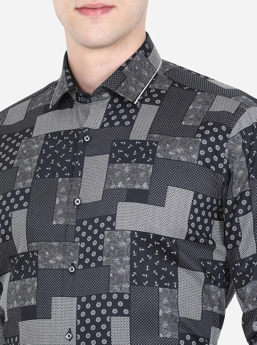 Black & White Printed Slim Fit Party Wear Shirt | JB Studio