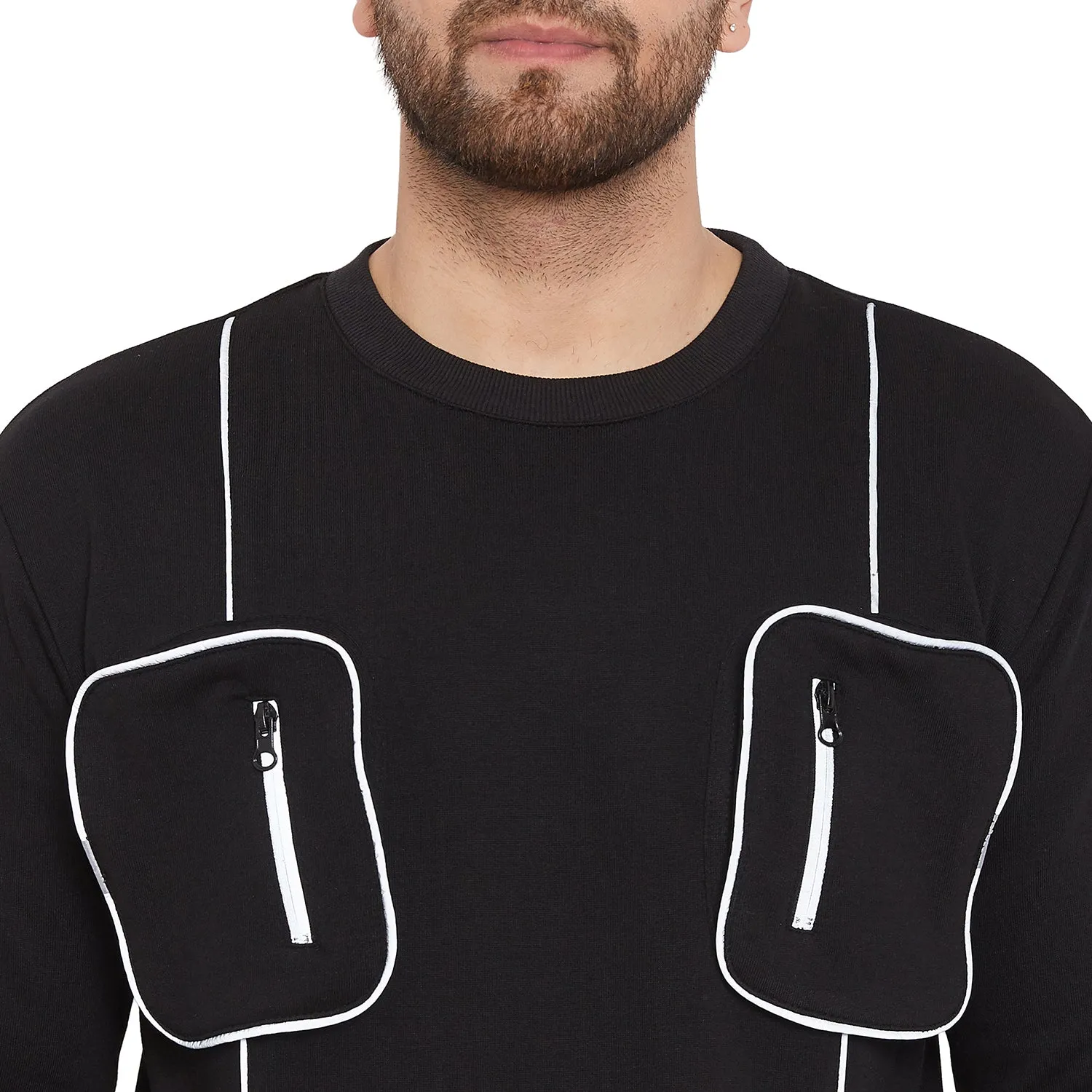 Black Chest Pocket Reflective Piping Sweatshirt