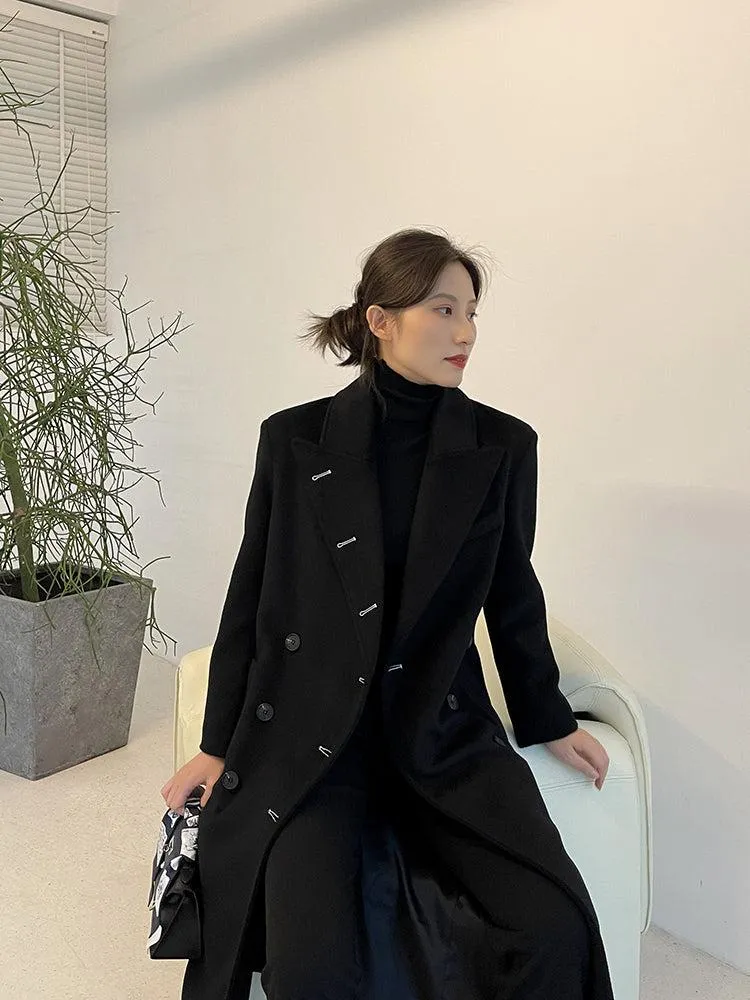 Black Long Thicken Wool Overcoat