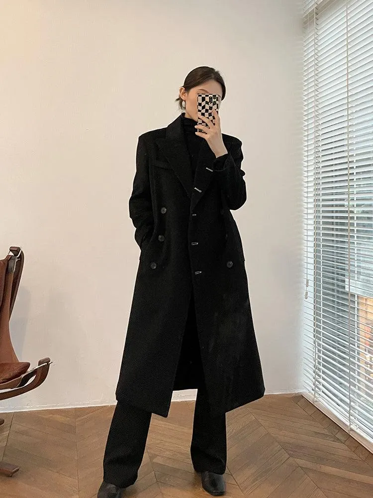 Black Long Thicken Wool Overcoat