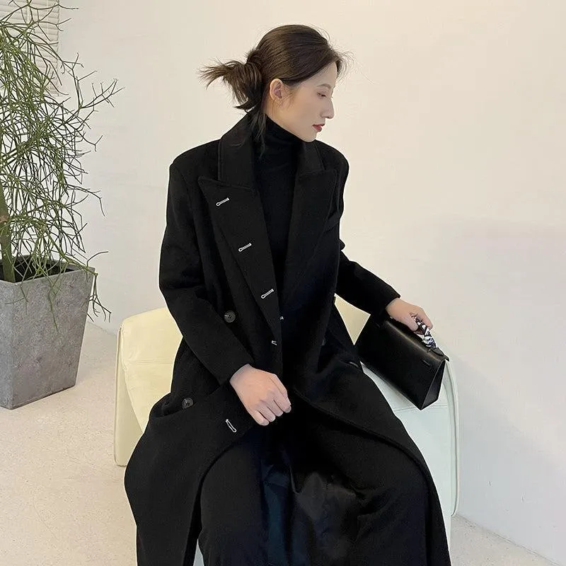 Black Long Thicken Wool Overcoat