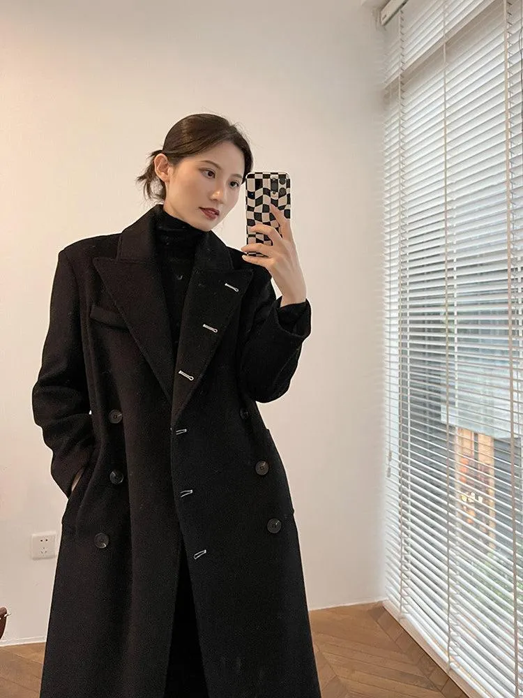 Black Long Thicken Wool Overcoat