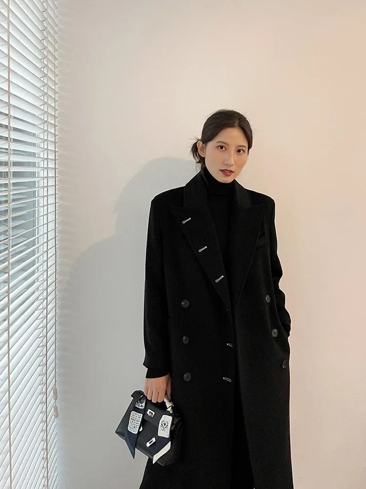 Black Long Thicken Wool Overcoat