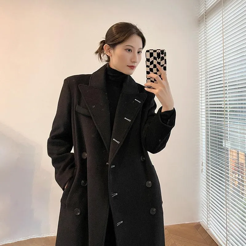 Black Long Thicken Wool Overcoat