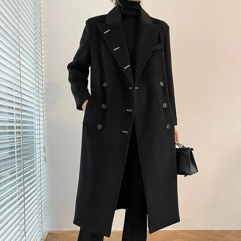 Black Long Thicken Wool Overcoat