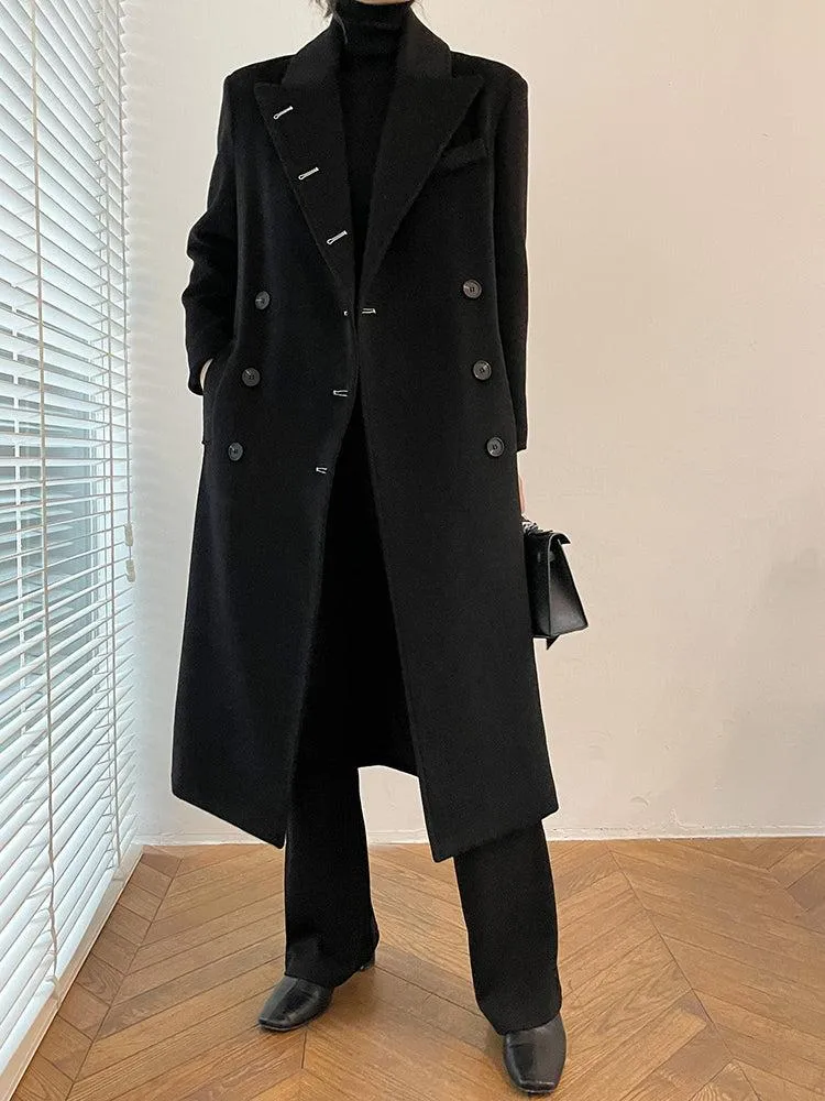 Black Long Thicken Wool Overcoat