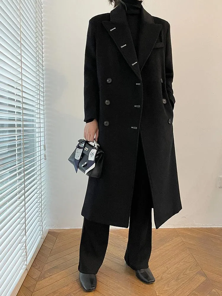 Black Long Thicken Wool Overcoat