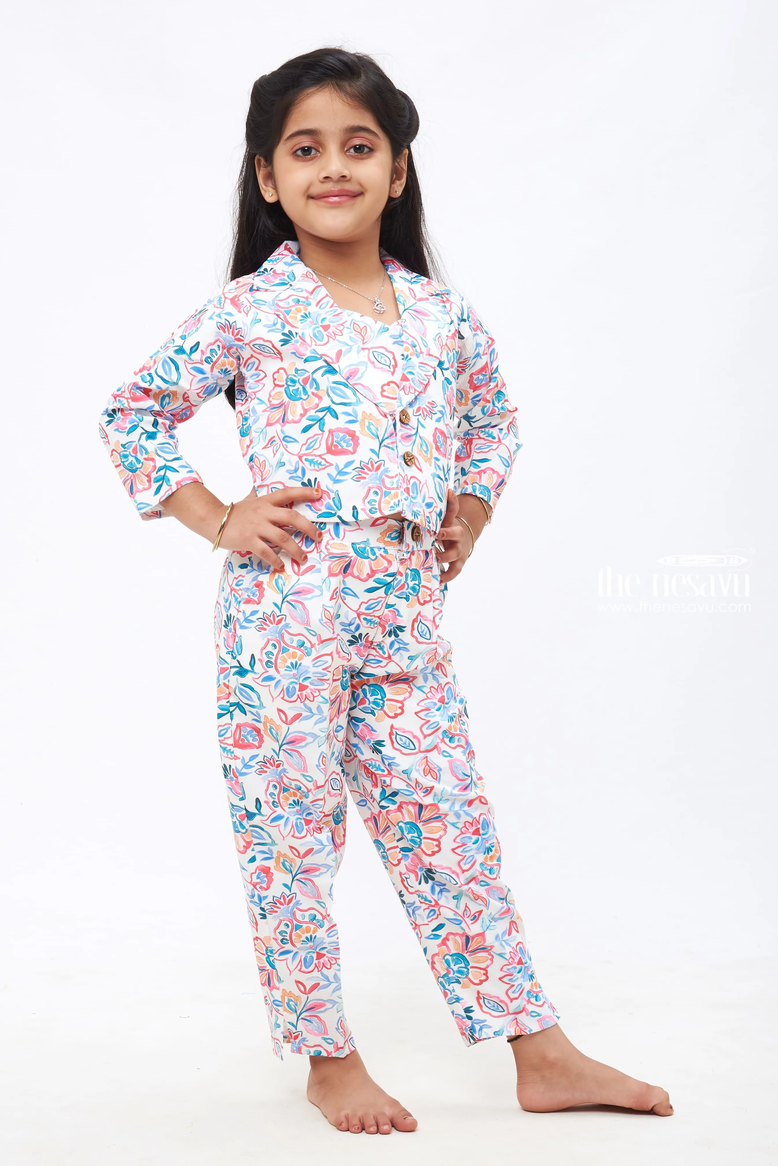 Blossom Parade: Girls Floral Crop Top Overcoat & Pant Set