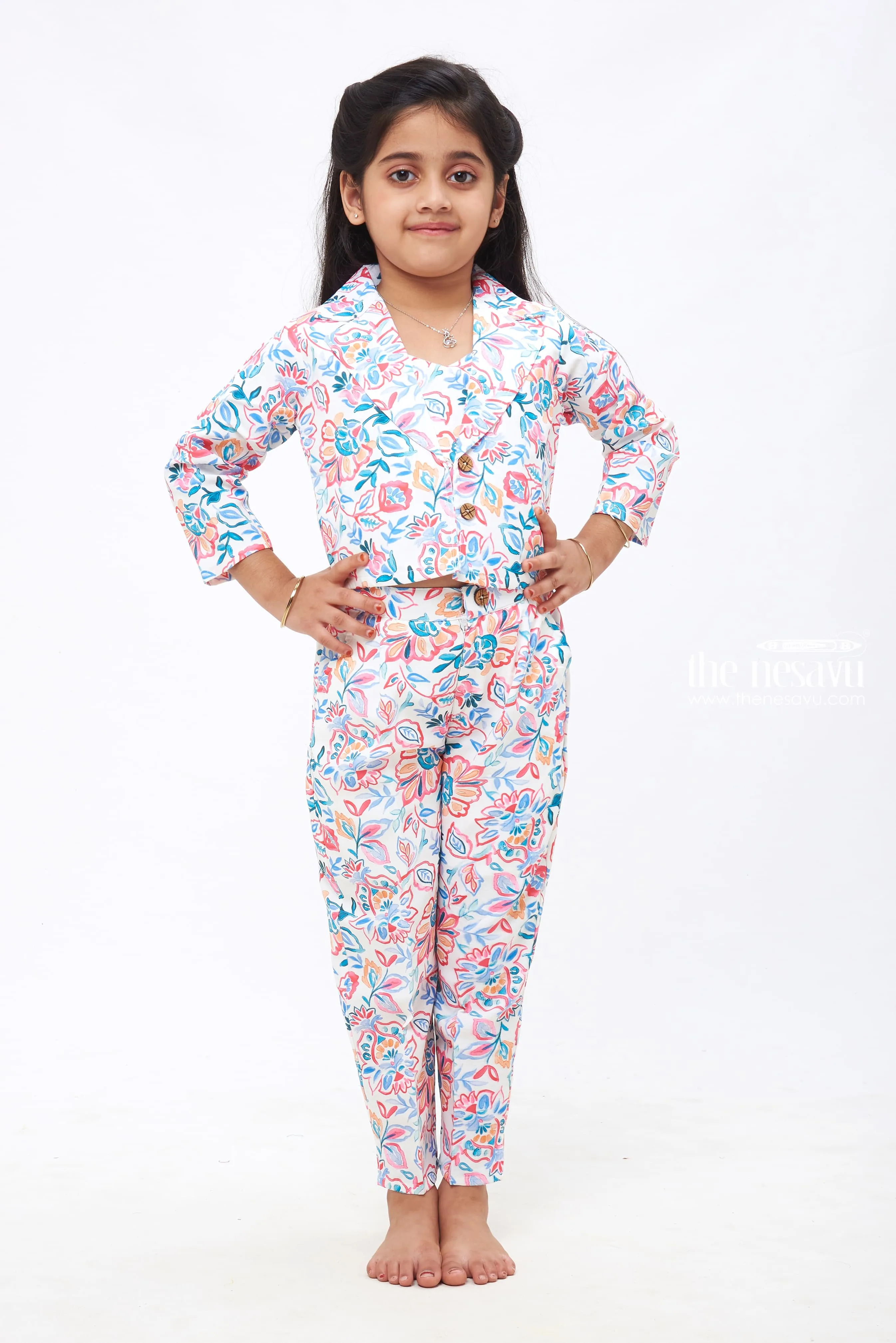 Blossom Parade: Girls Floral Crop Top Overcoat & Pant Set