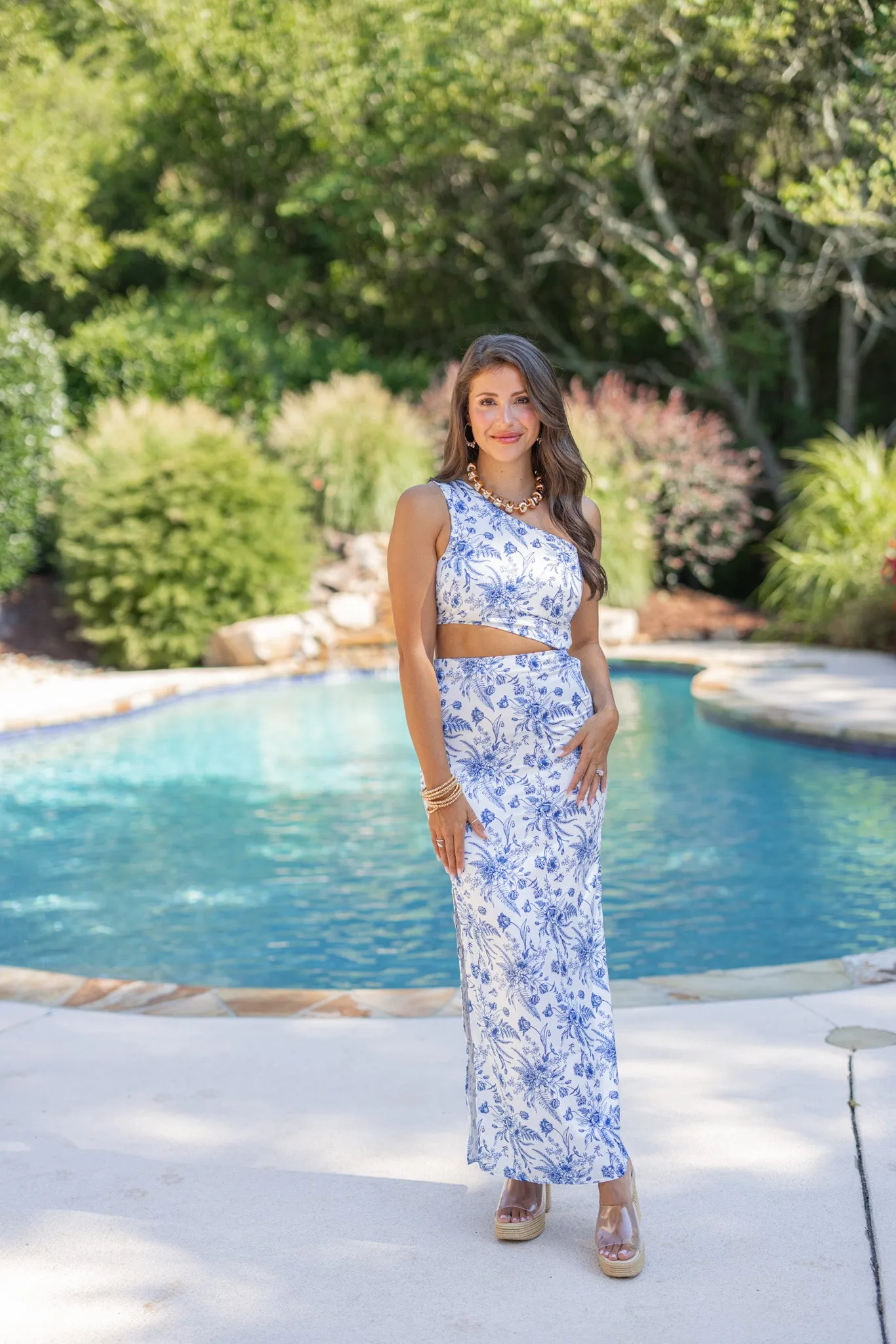 Blue Floral One Shoulder Maxi Dress