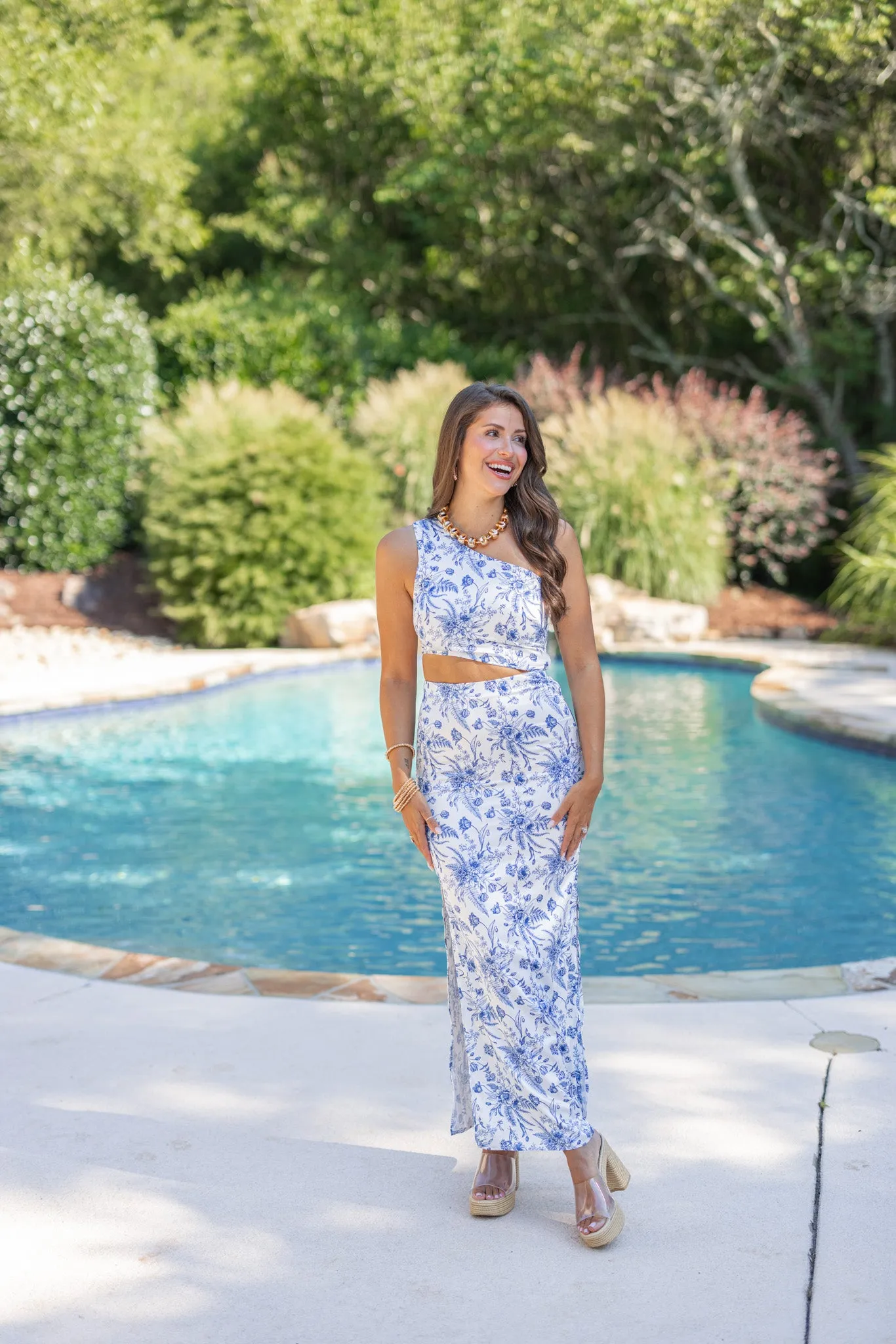 Blue Floral One Shoulder Maxi Dress