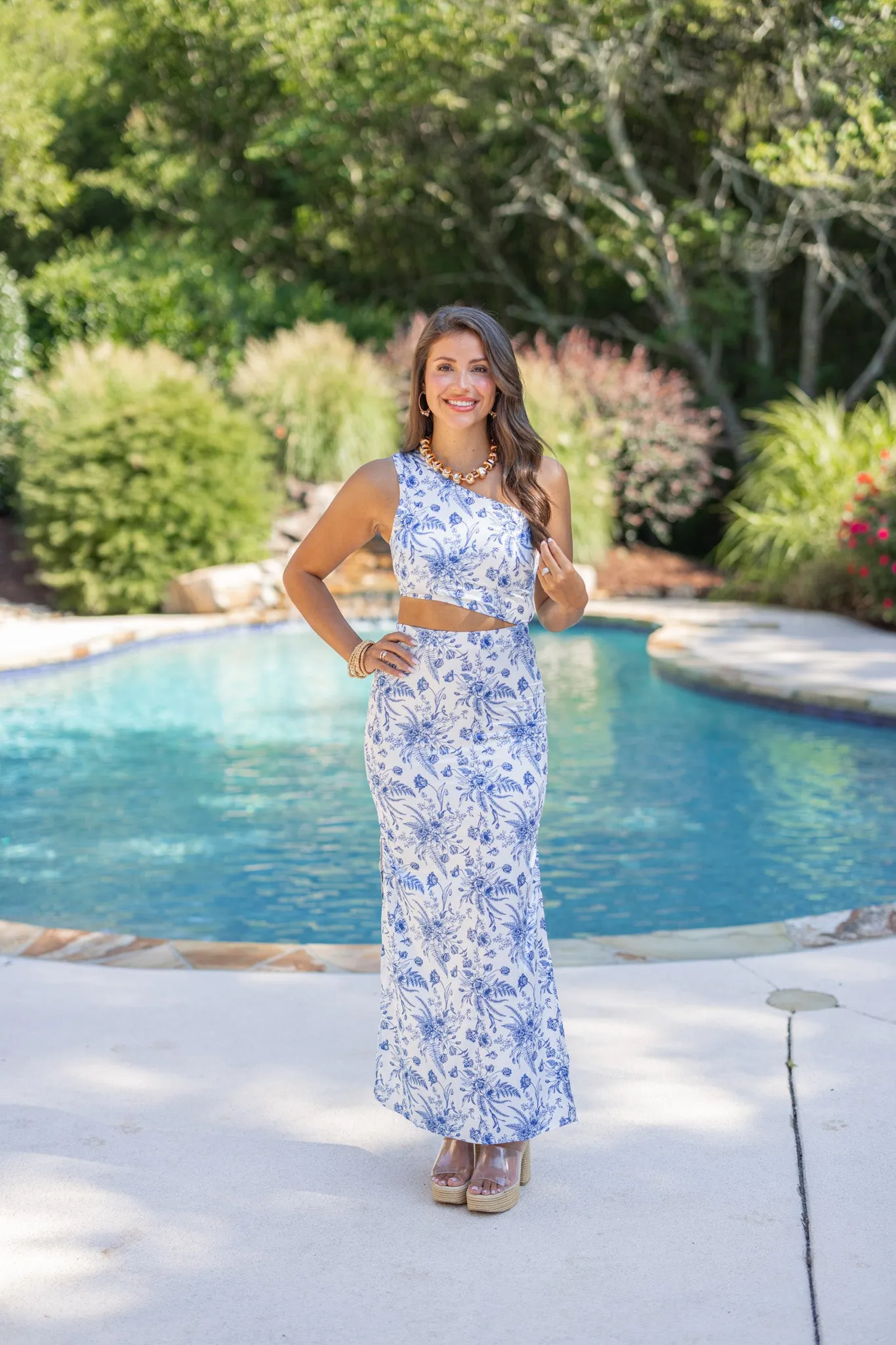 Blue Floral One Shoulder Maxi Dress