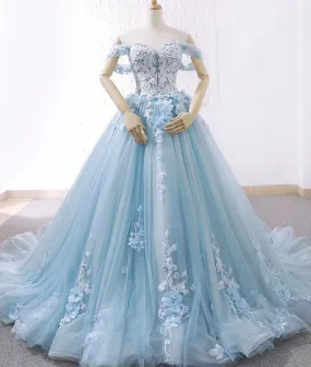 Blue sweetheart tulle lace long prom dress, blue wedding dress