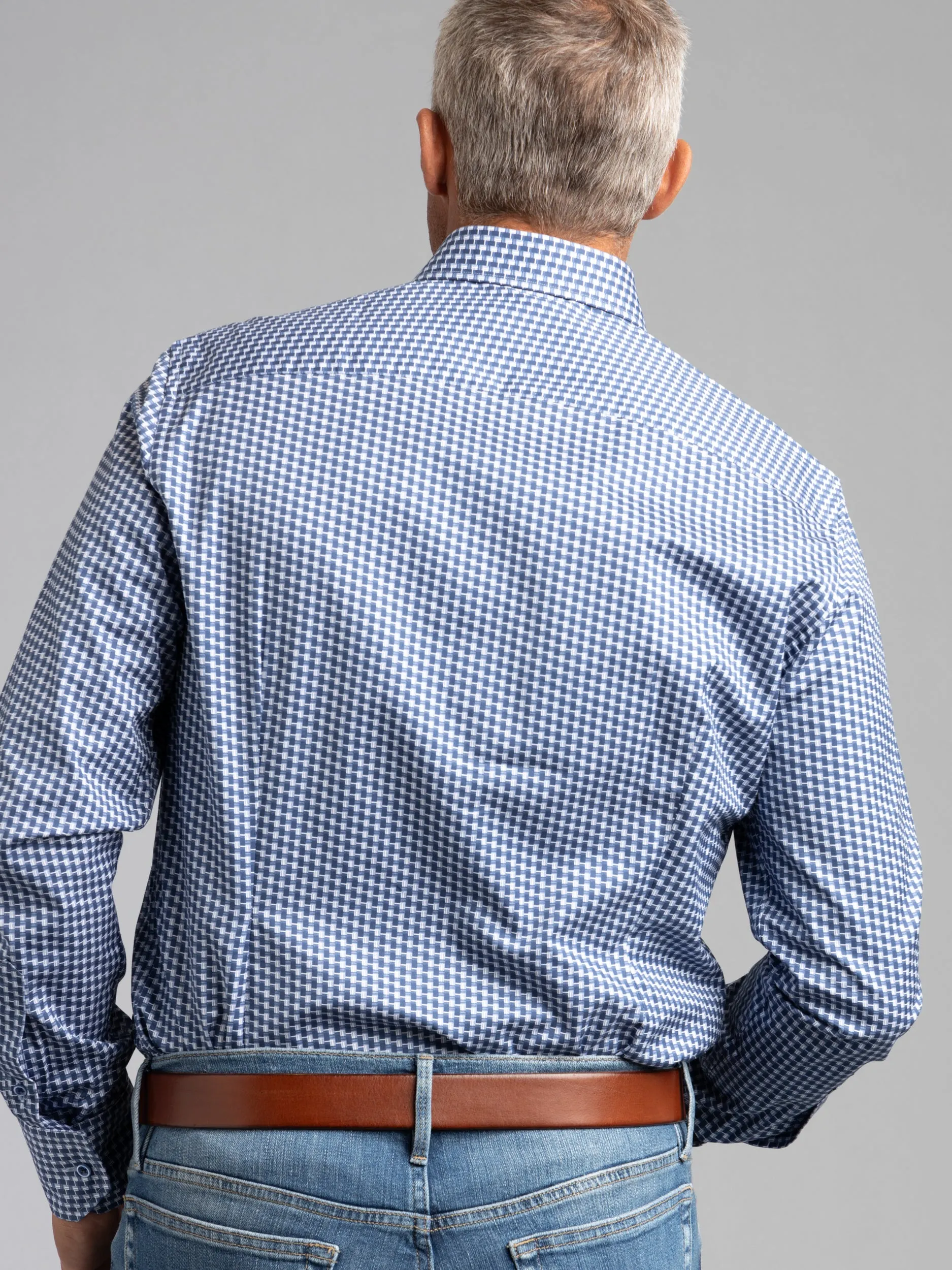 Blue/White Geometric Print Twill Dress Shirt