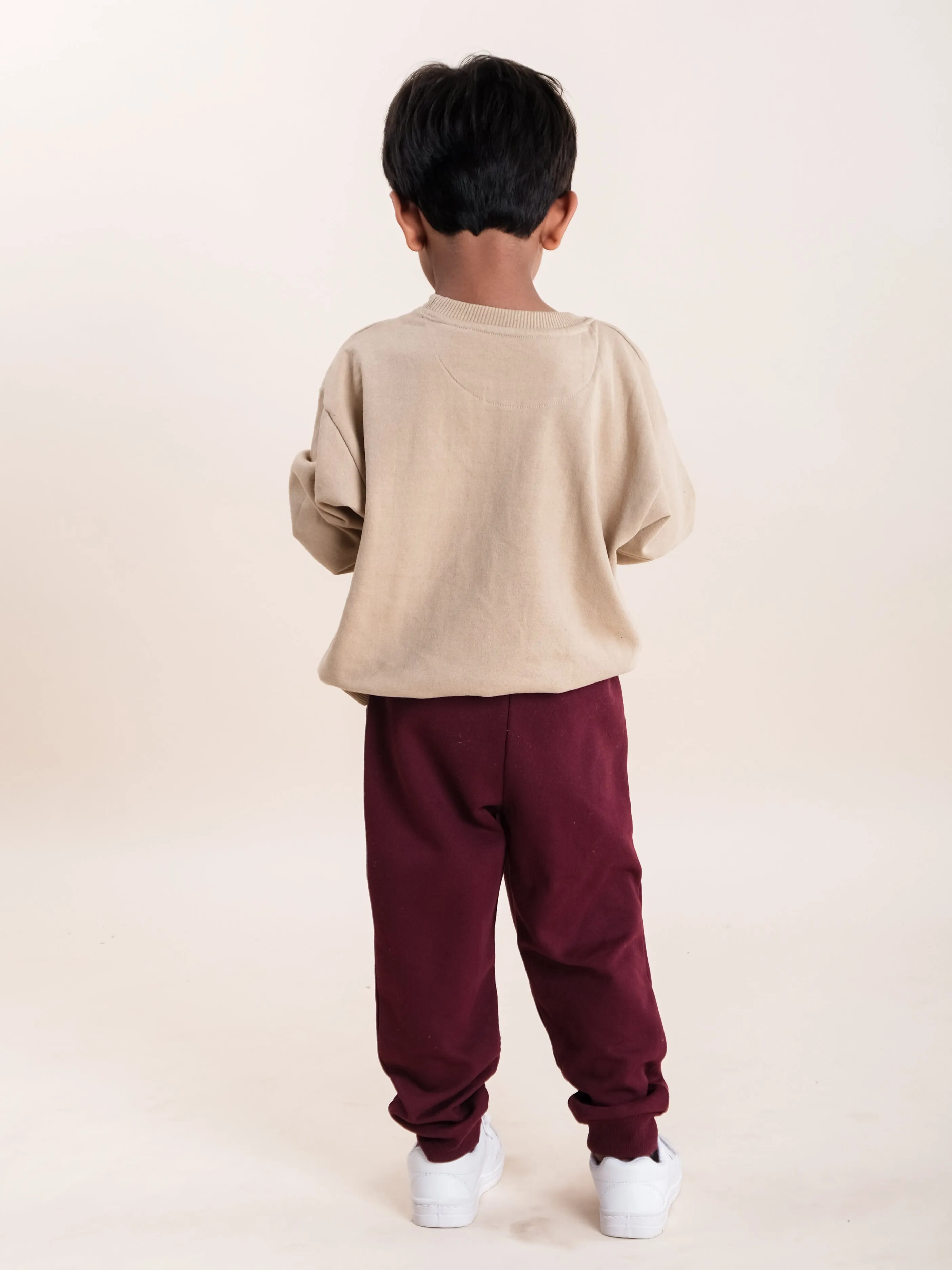 Boys Fleece Printed Round Neck Sweatshirt With Solid Track Pant Set