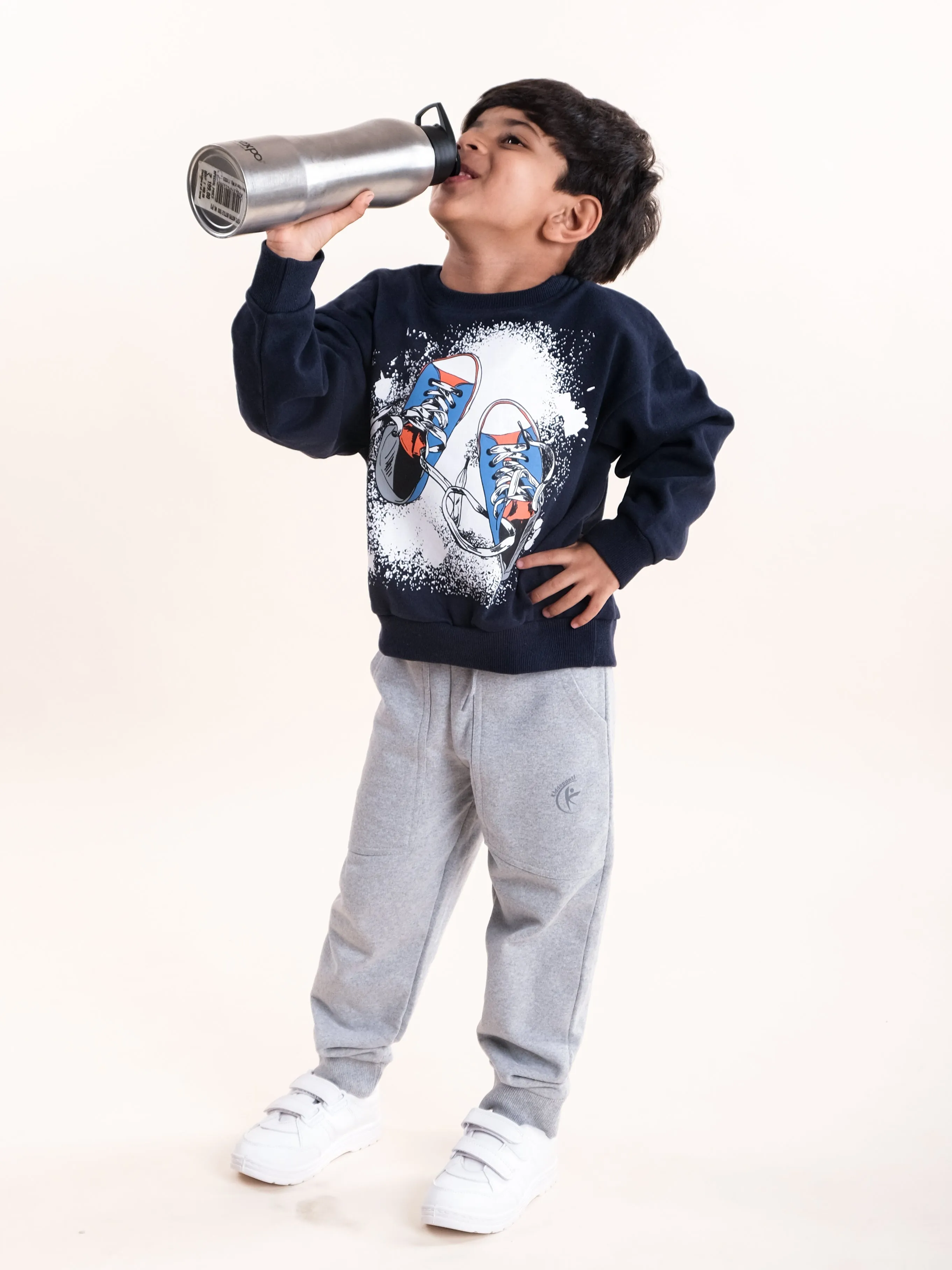 Boys Fleece Printed Round Neck Sweatshirt With Solid Track Pant Set